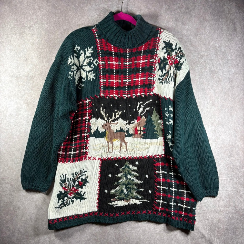 Vintage‎ Venezia Jeans Sweater Womens 18/20 Green Christmas Patchwork Reindeer